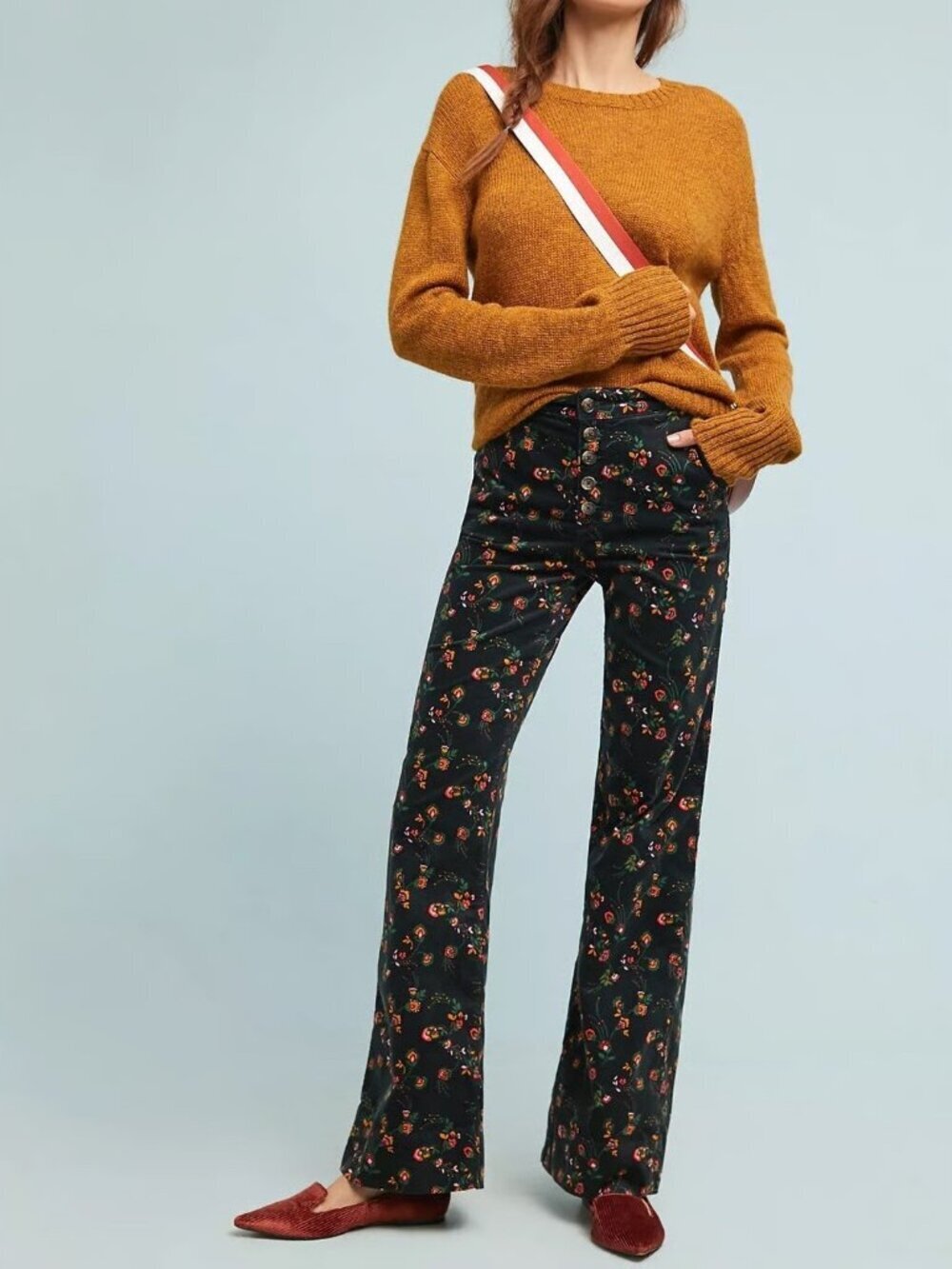 Anthropologie PILCRO Black Floral Cotton Corduroy Button Fly Boot Pants, Size 25